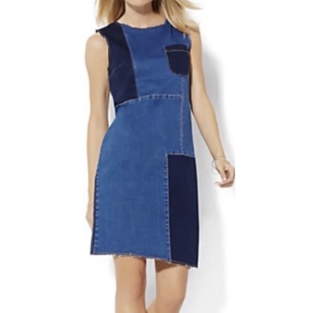 Shift Dress L Stretch Denim Jean Boho Patchwork Country Western Raw Hem Retro
